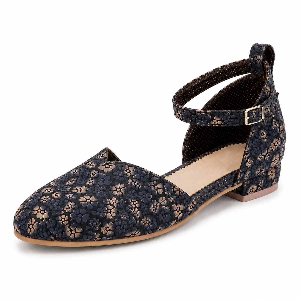 Women's Navy Blue Floral Ankle Strap Flats | Closed Toe & Low Block Heel