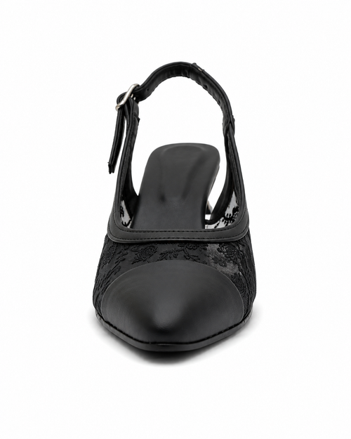 Black Lace Slingback Heels – Low Heel & Cap Toe