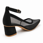 Women’s Black Mesh Pointed Toe Block Heel Pumps | Ankle Strap Heels