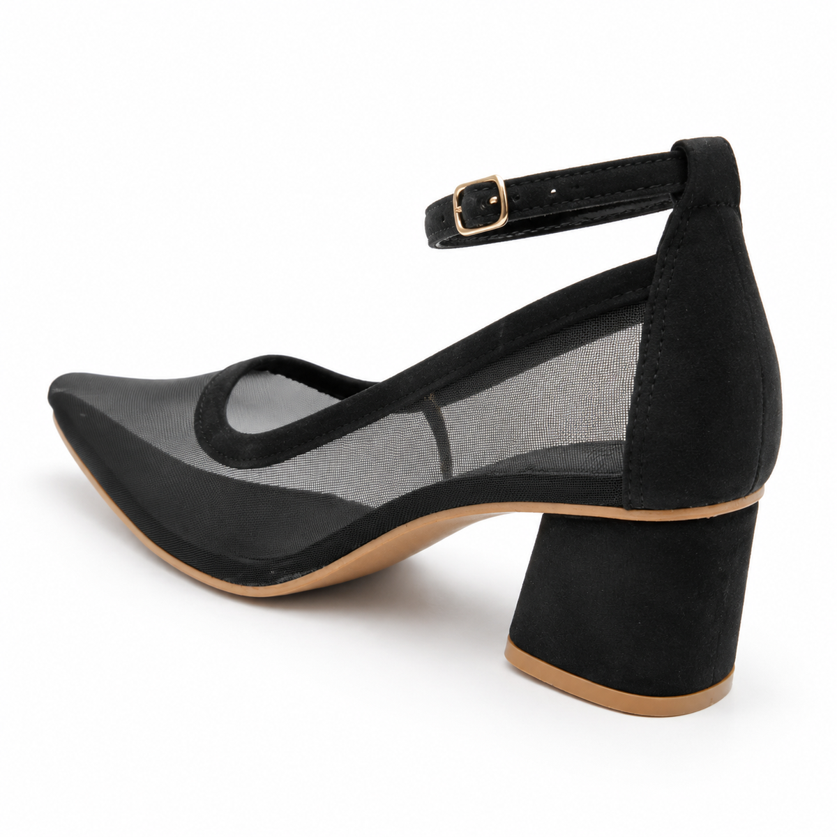 Women’s Black Mesh Pointed Toe Block Heel Pumps | Ankle Strap Heels