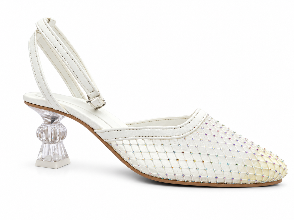 Ivory Rhinestone Mesh Ankle Strap Pumps | Clear Sculpted Heel