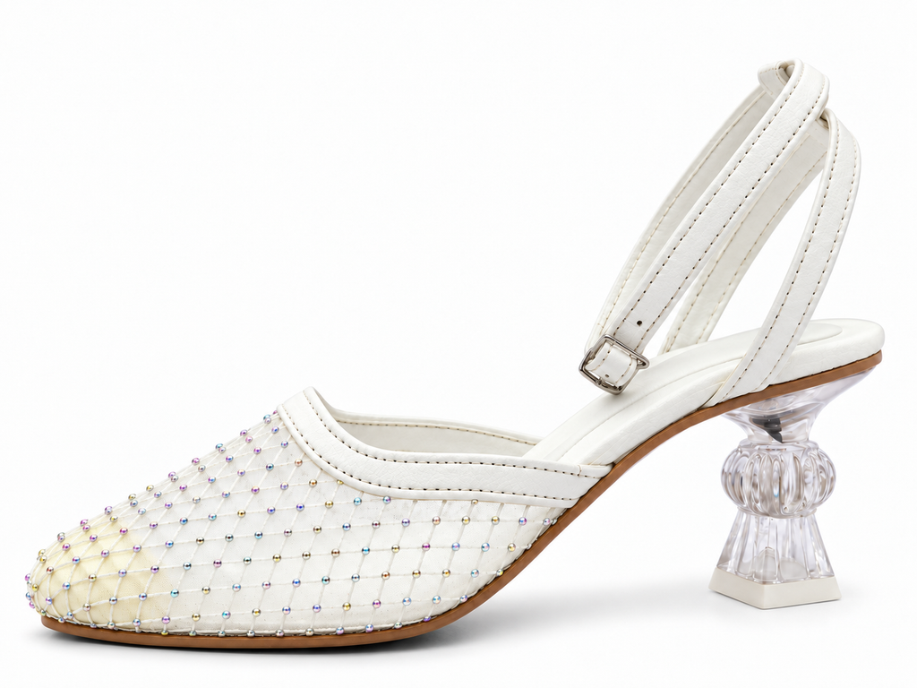 Ivory Rhinestone Mesh Ankle Strap Pumps | Clear Sculpted Heel