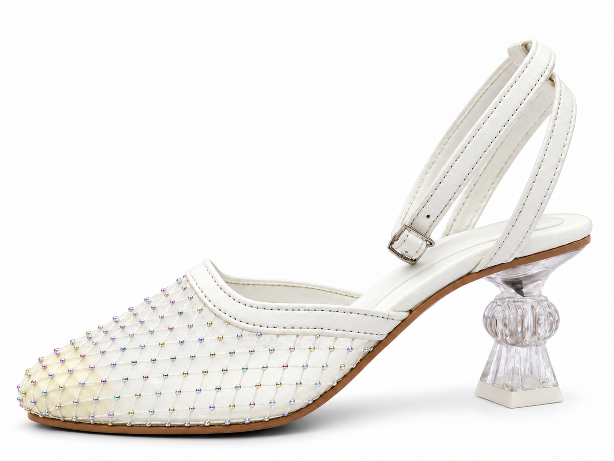 Ivory Rhinestone Mesh Ankle Strap Pumps | Clear Sculpted Heel