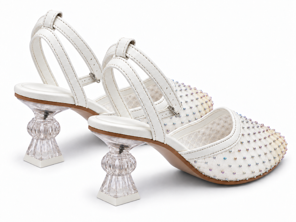 Ivory Rhinestone Mesh Ankle Strap Pumps | Clear Sculpted Heel