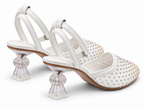 Ivory Rhinestone Mesh Ankle Strap Pumps | Clear Sculpted Heel