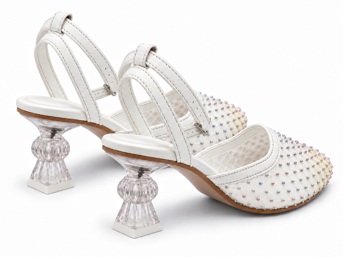 Ivory Rhinestone Mesh Ankle Strap Pumps | Clear Sculpted Heel