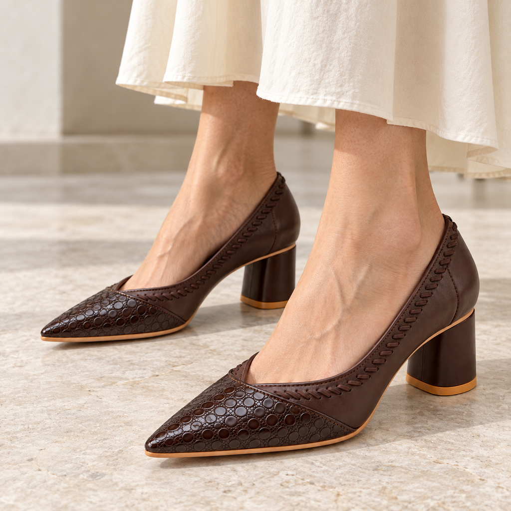 Chocolate Brown Pointed Toe Block Heel Pumps | Croc Effect Toe