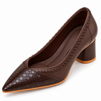 Chocolate Brown Pointed Toe Block Heel Pumps | Croc Effect Toe