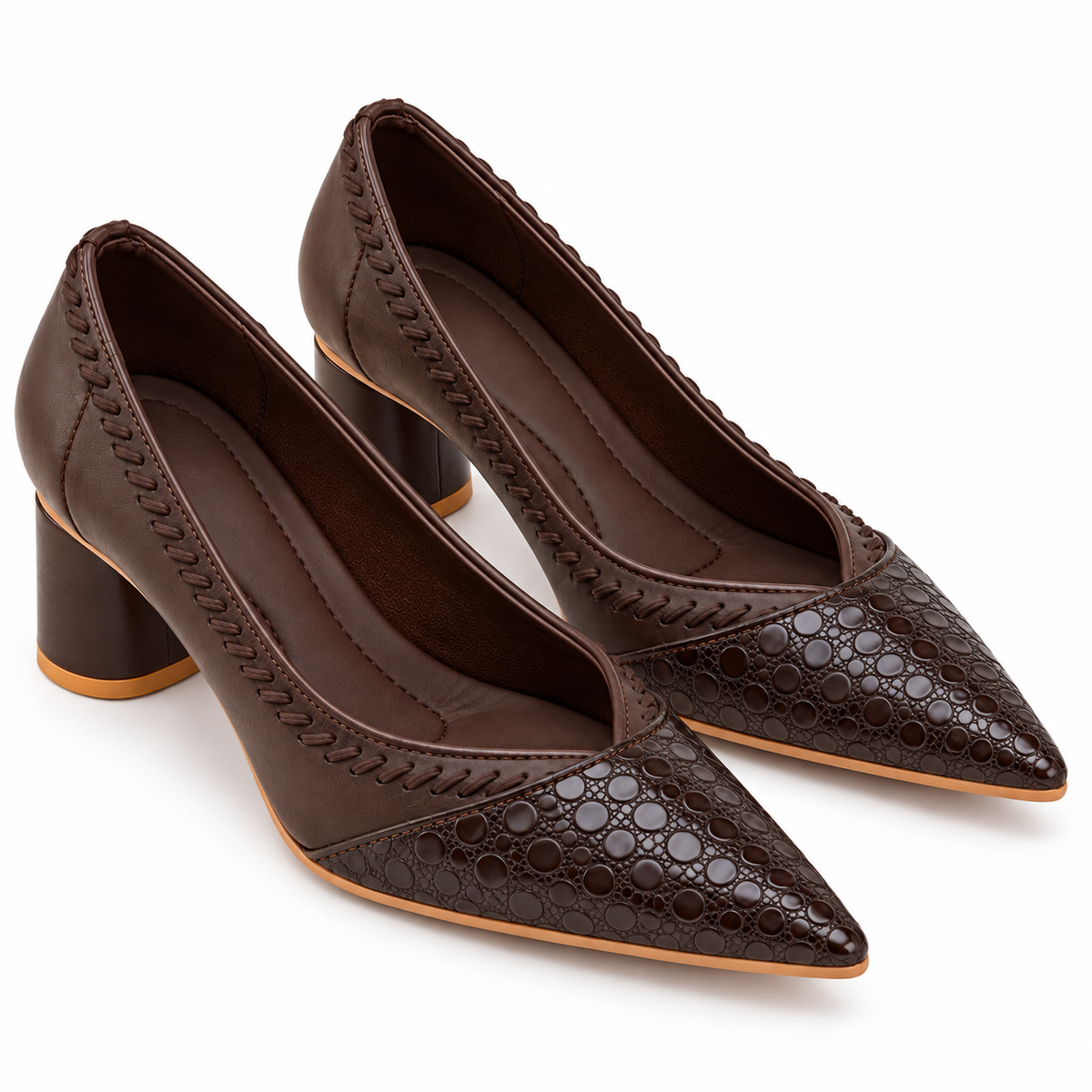 Chocolate Brown Pointed Toe Block Heel Pumps | Croc Effect Toe