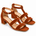 Women's Tan Brown Low Block Heel Sandals | T-Strap