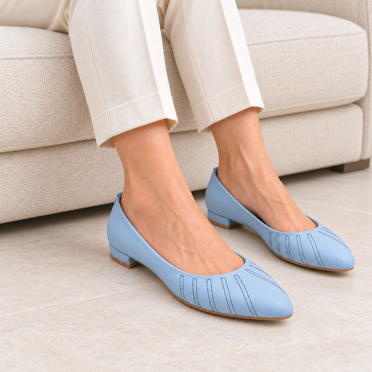 Women’s Light Blue Ballet Flats | Low Block Heel Slip-On Shoes