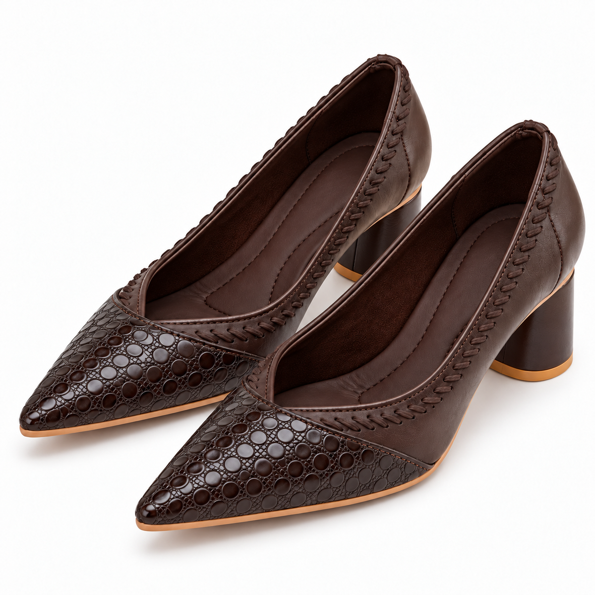 Chocolate Brown Pointed Toe Block Heel Pumps | Croc Effect Toe