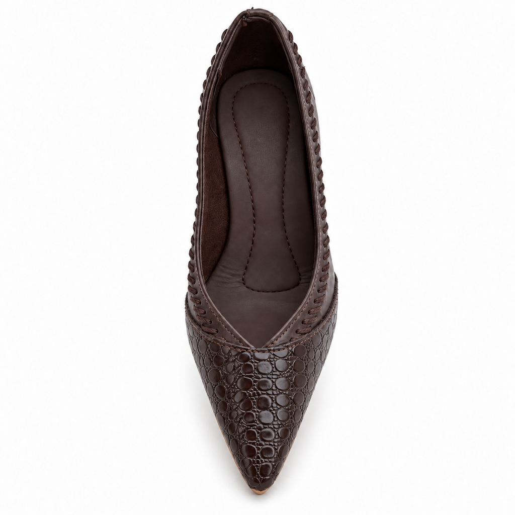 Chocolate Brown Pointed Toe Block Heel Pumps | Croc Effect Toe