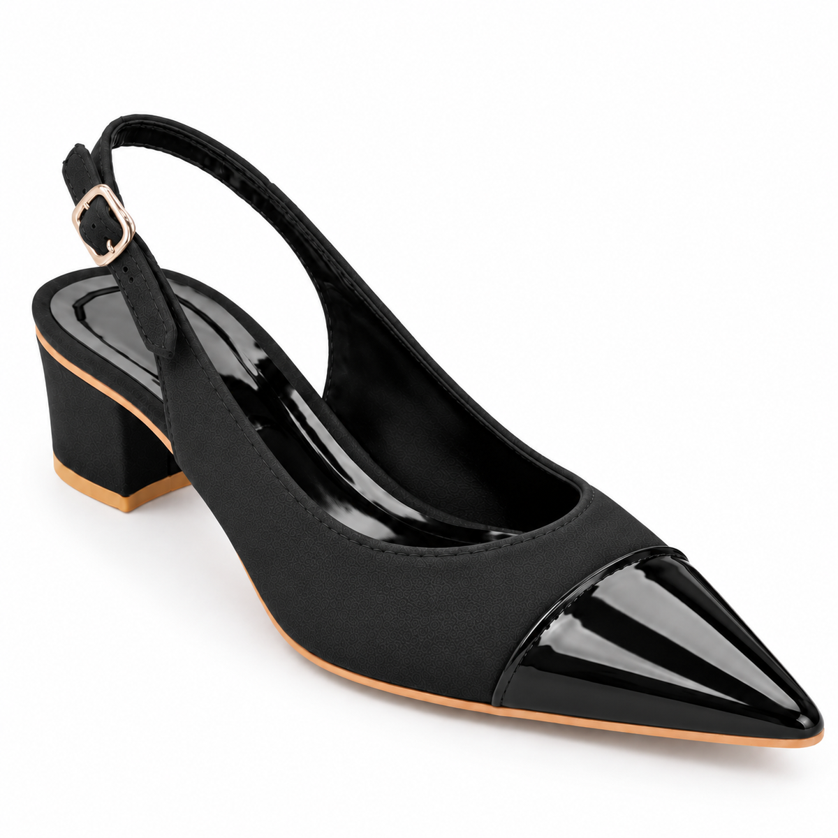 Women’s Black Pointed Toe Slingback Pumps | Patent Cap Toe & Block Heel