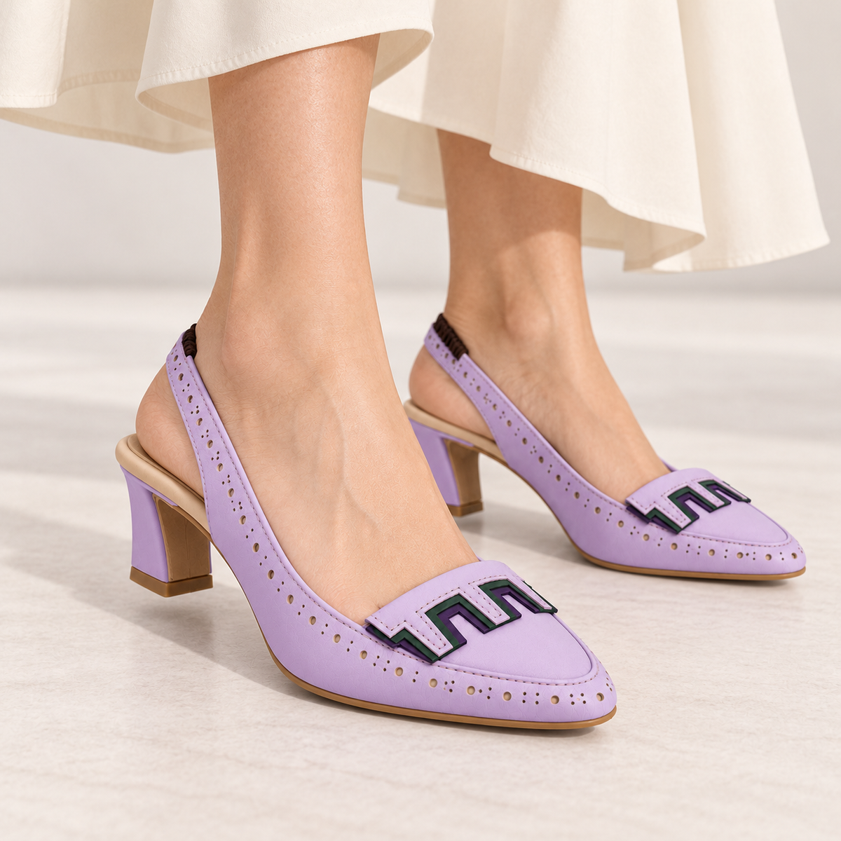 Women's Lavender Slingback Loafer Pumps | Perforated Block Heel Shoes