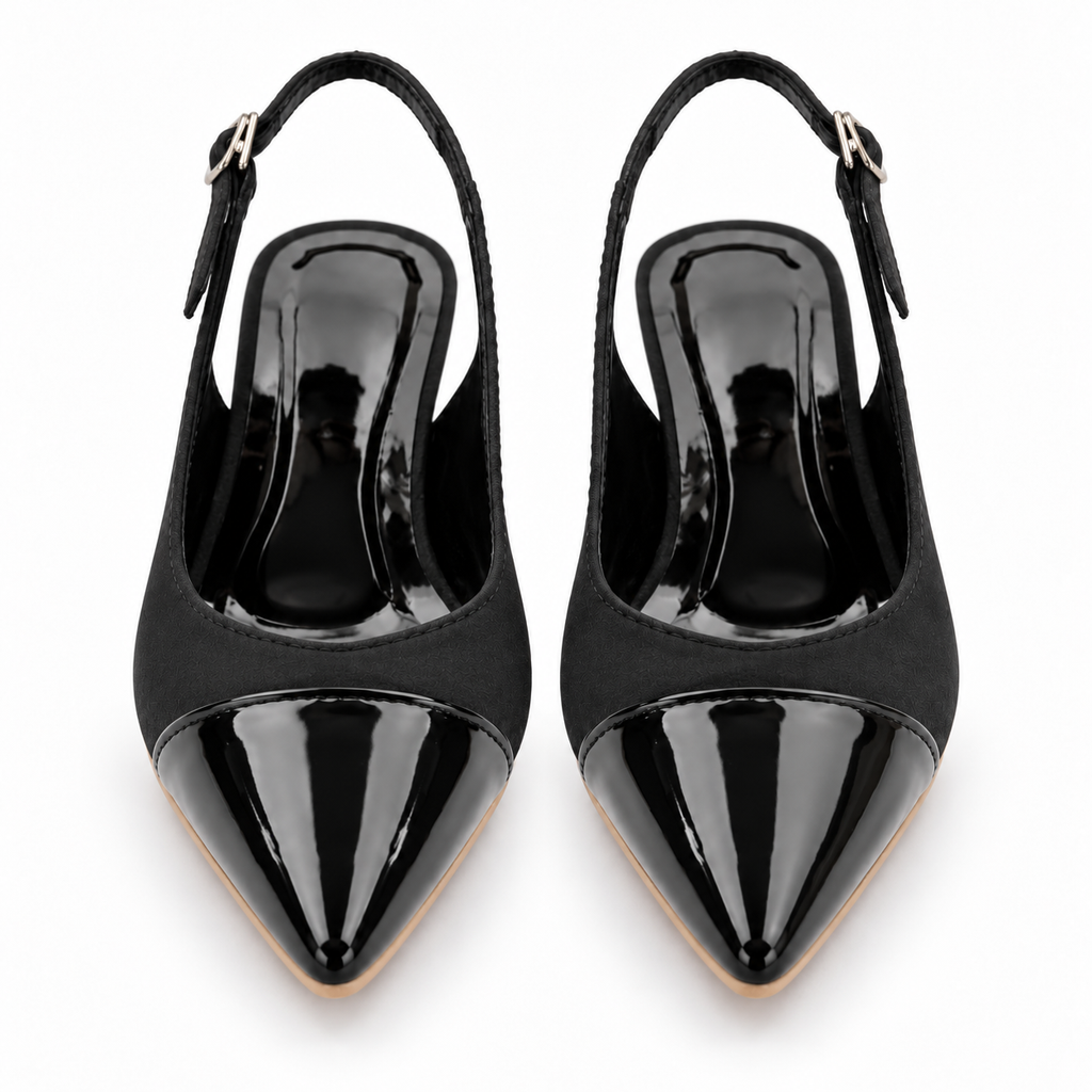 Women’s Black Pointed Toe Slingback Pumps | Patent Cap Toe & Block Heel