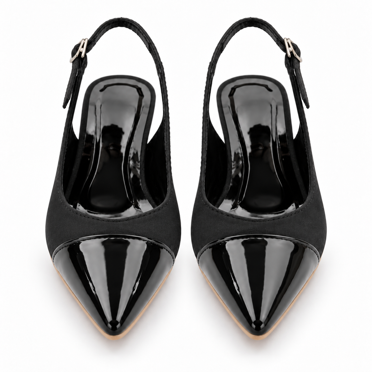 Women’s Black Pointed Toe Slingback Pumps | Patent Cap Toe & Block Heel