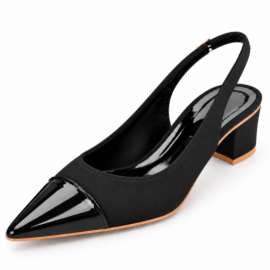 Women’s Black Pointed Toe Slingback Pumps | Patent Cap Toe & Block Heel