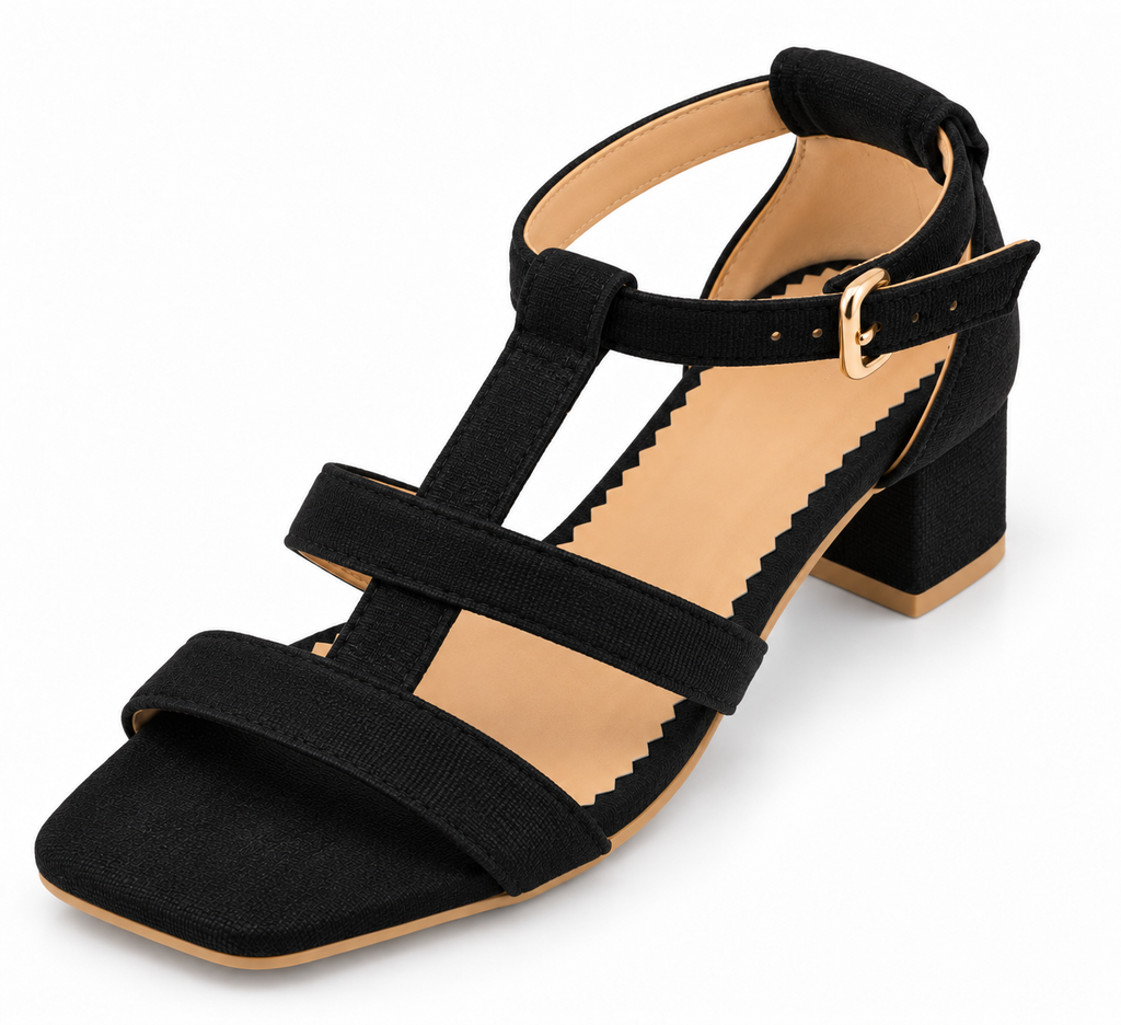 Women's Black Low Block Heel Sandals | T-Strap