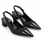 Women’s Black Pointed Toe Slingback Pumps | Patent Cap Toe & Block Heel