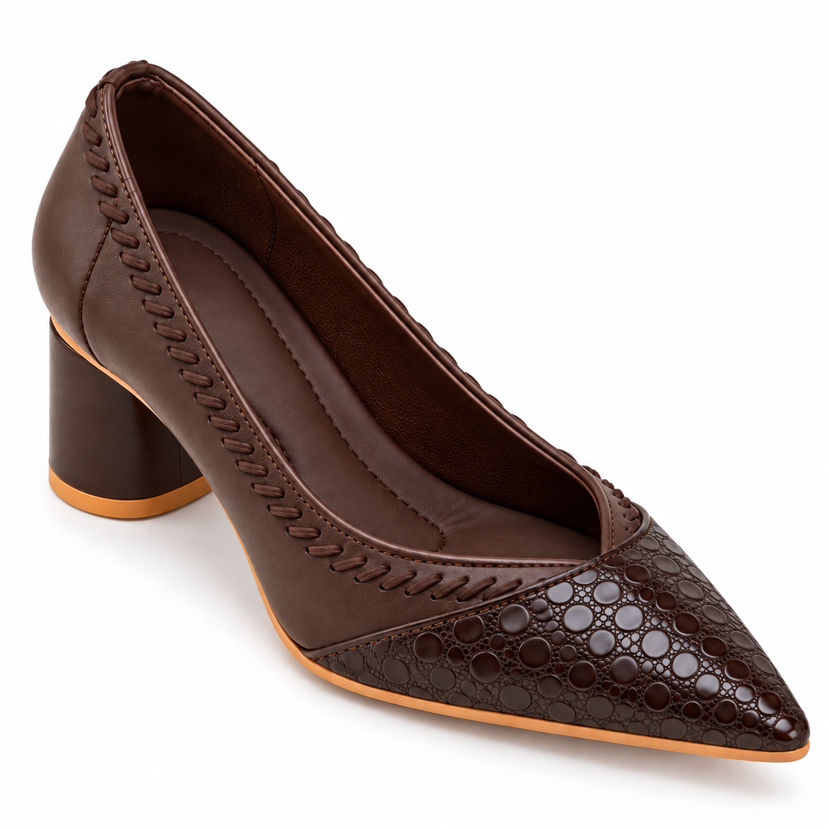 Chocolate Brown Pointed Toe Block Heel Pumps | Croc Effect Toe